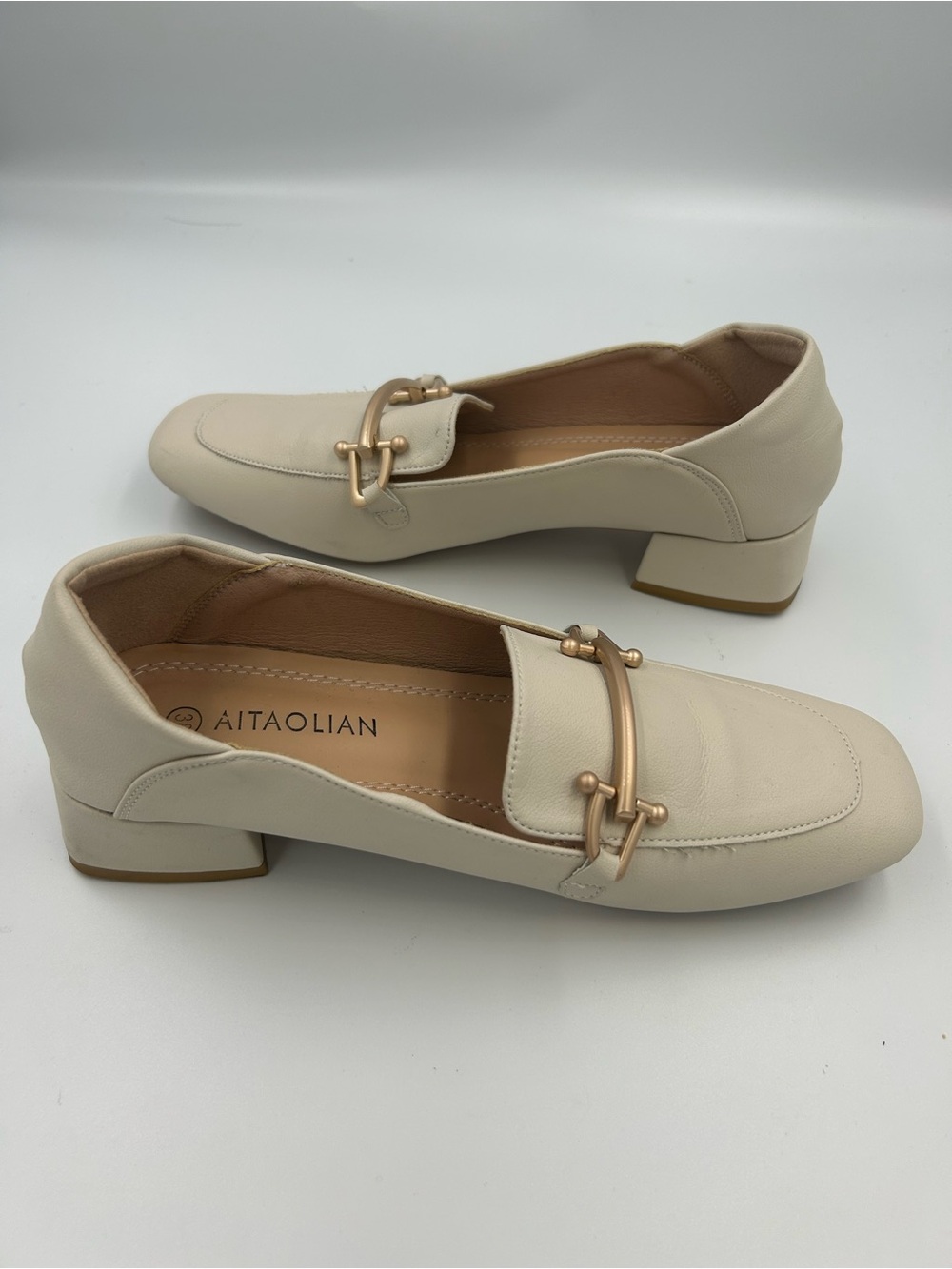 Women's Cream Leather Loafers with Gold Accent - Picture 6 of 11
